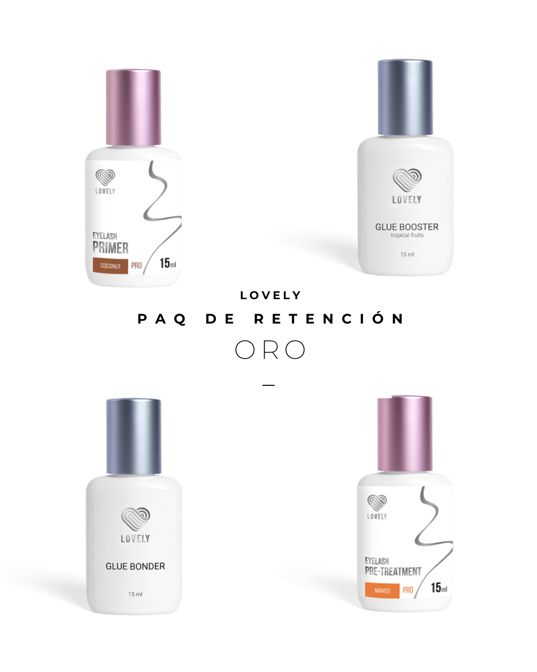 Pack de retención Lovely con primer, bonder y booster para mejorar la retención de las extensiones de pestañas