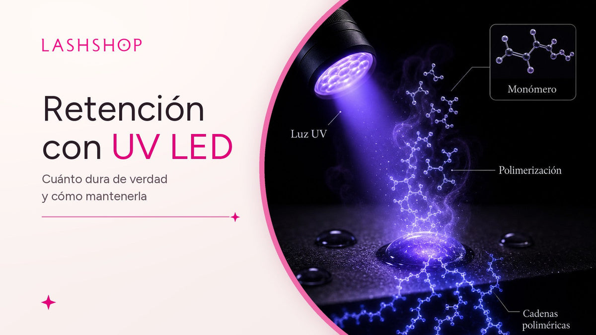 Luz UV LED polimerizando el adhesivo de extensiones de pestañas