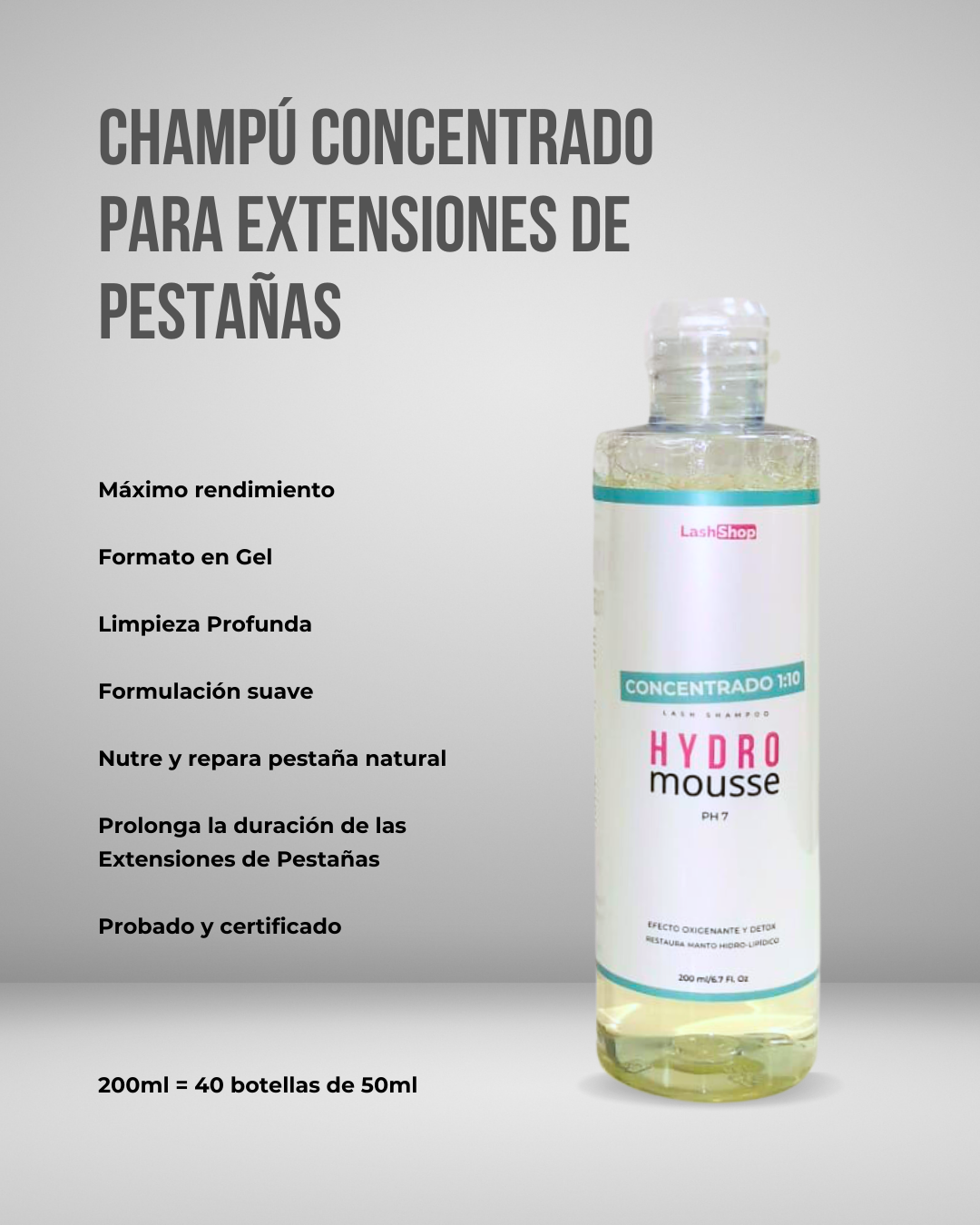 Hydro Mousse Champú ULTRA CONCENTRADO 200ml - Hace 40 botellas de 50ml para limpieza de pestañas.