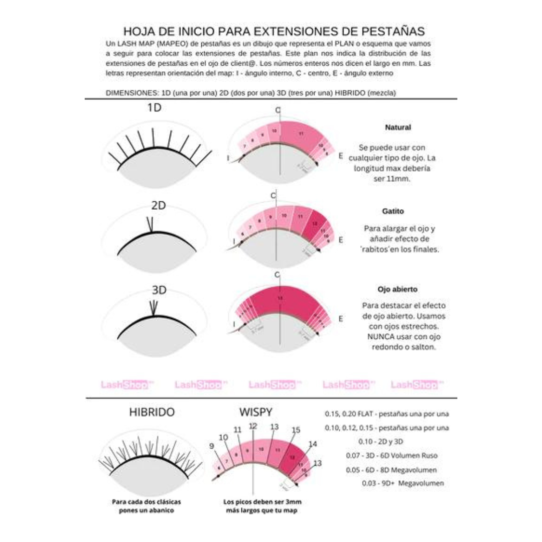 Hojas de Inicio para Extensiones de Pestañas PDF - Lash Shop Canarias Eyelash Map Default Title