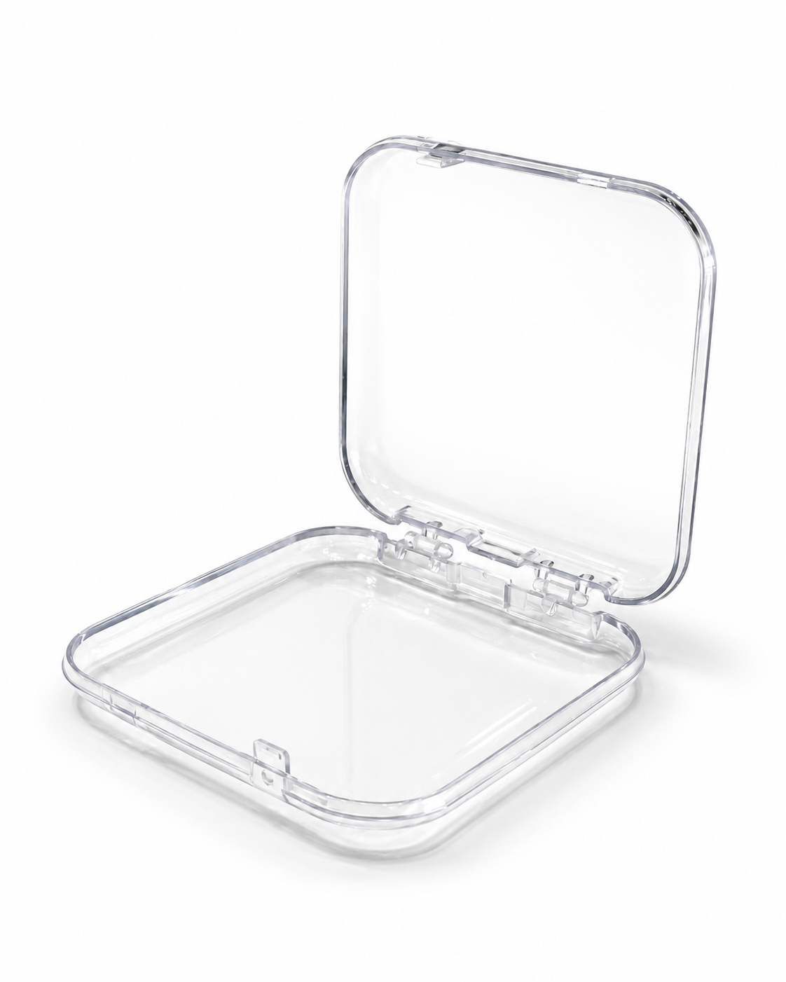 Caja acrílica transparente de 75 × 75 mm vacía, con la tapa abierta y las bisagras visibles.