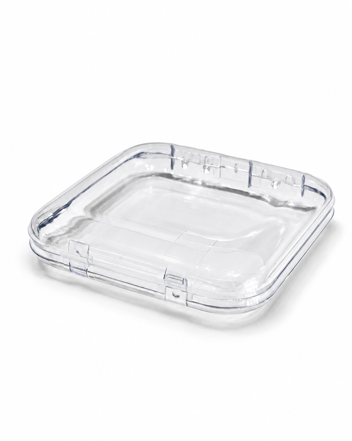 Caja acrílica transparente de 75 × 75 mm, vacía y cerrada, vista en perspectiva.