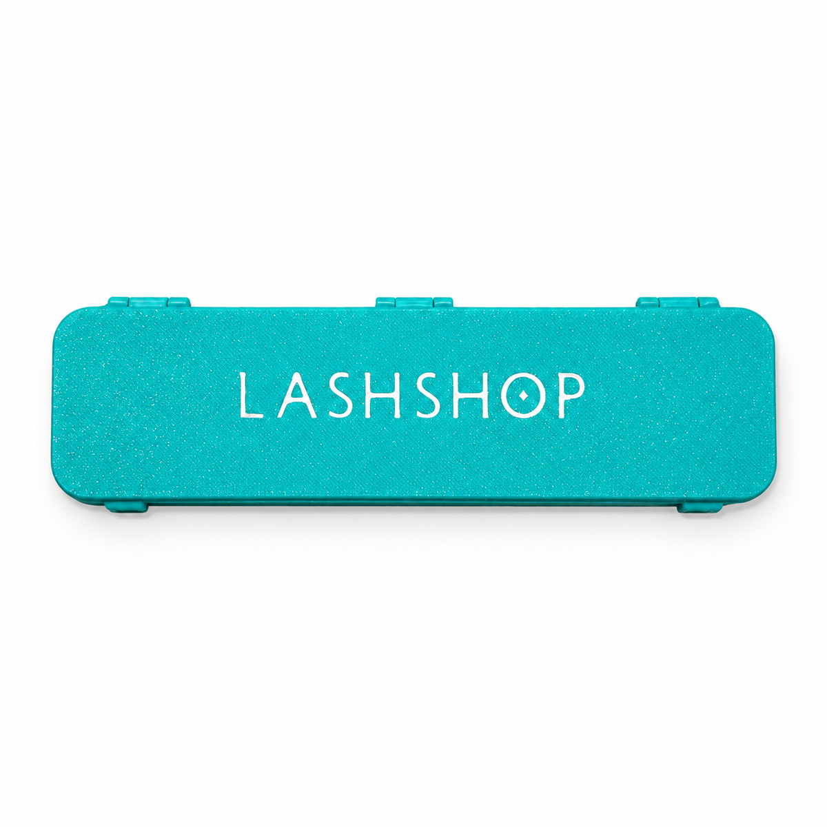 Vista superior del estuche cian cerrado para parches de silicona de cejas, con el logotipo LASHSHOP.