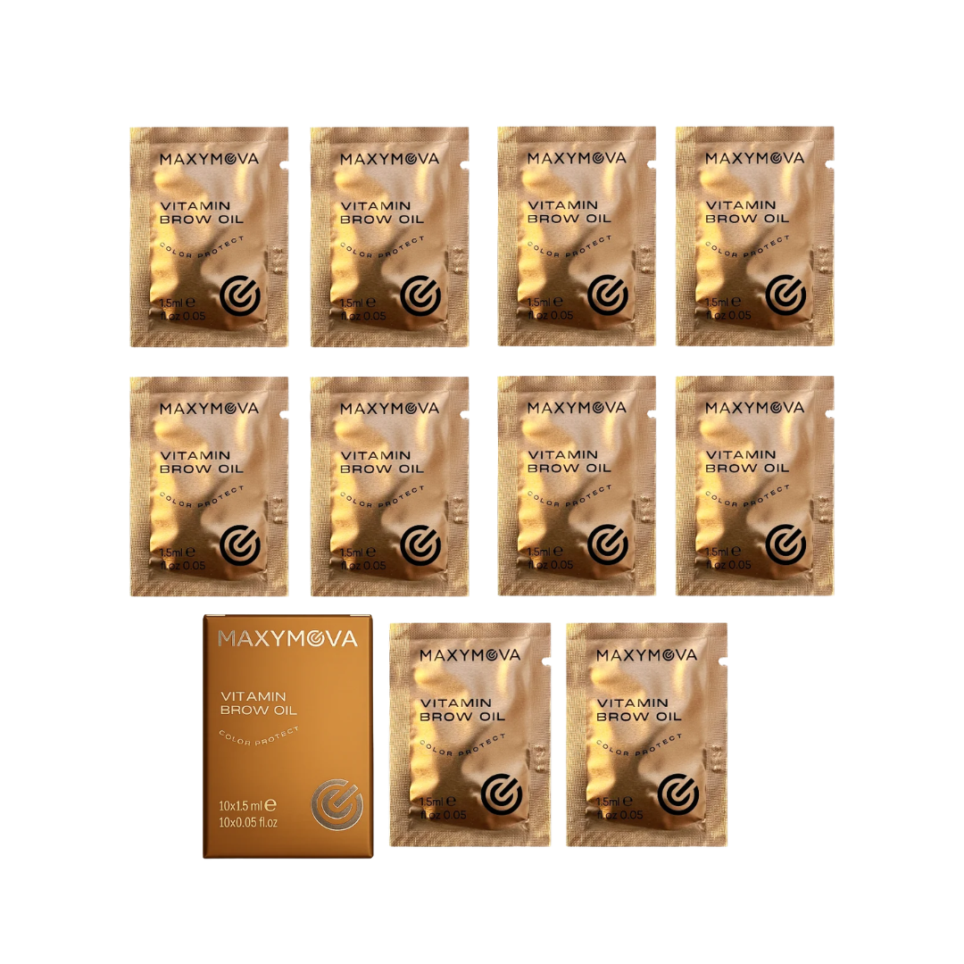 Caja de 10 sobres de aceite vitamínico para cejas Maxymova 1,5ml